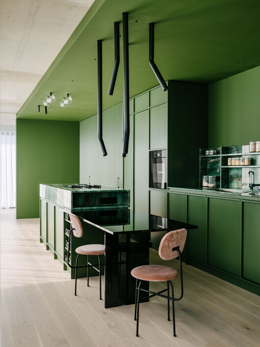 The Green Box / Ester Bruzkus Architekten - Фотография интерьера, кухня, стул, стеллажи