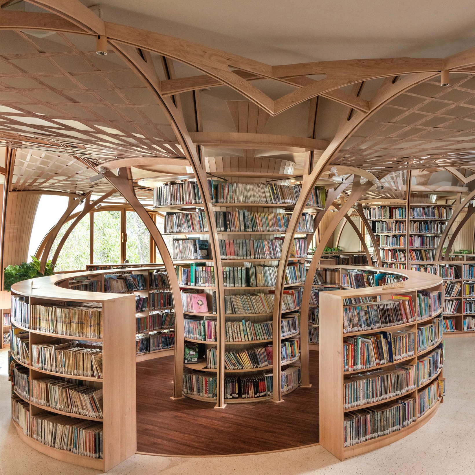 Studio Hinge создает библиотечные пространства под древовидными деревянными колоннами