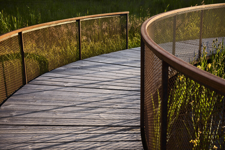 Пруд с ливневой водой в Exercisfältet / White Arkitekter — фотография экстерьера, забор, перила, сад, палуба
