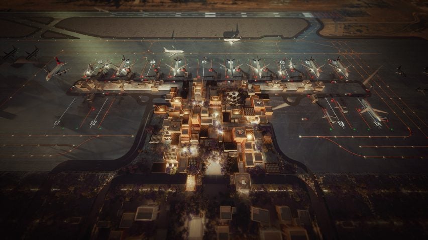 Визуализация терминала аэропорта Абха от Foster + Partners в ночное время