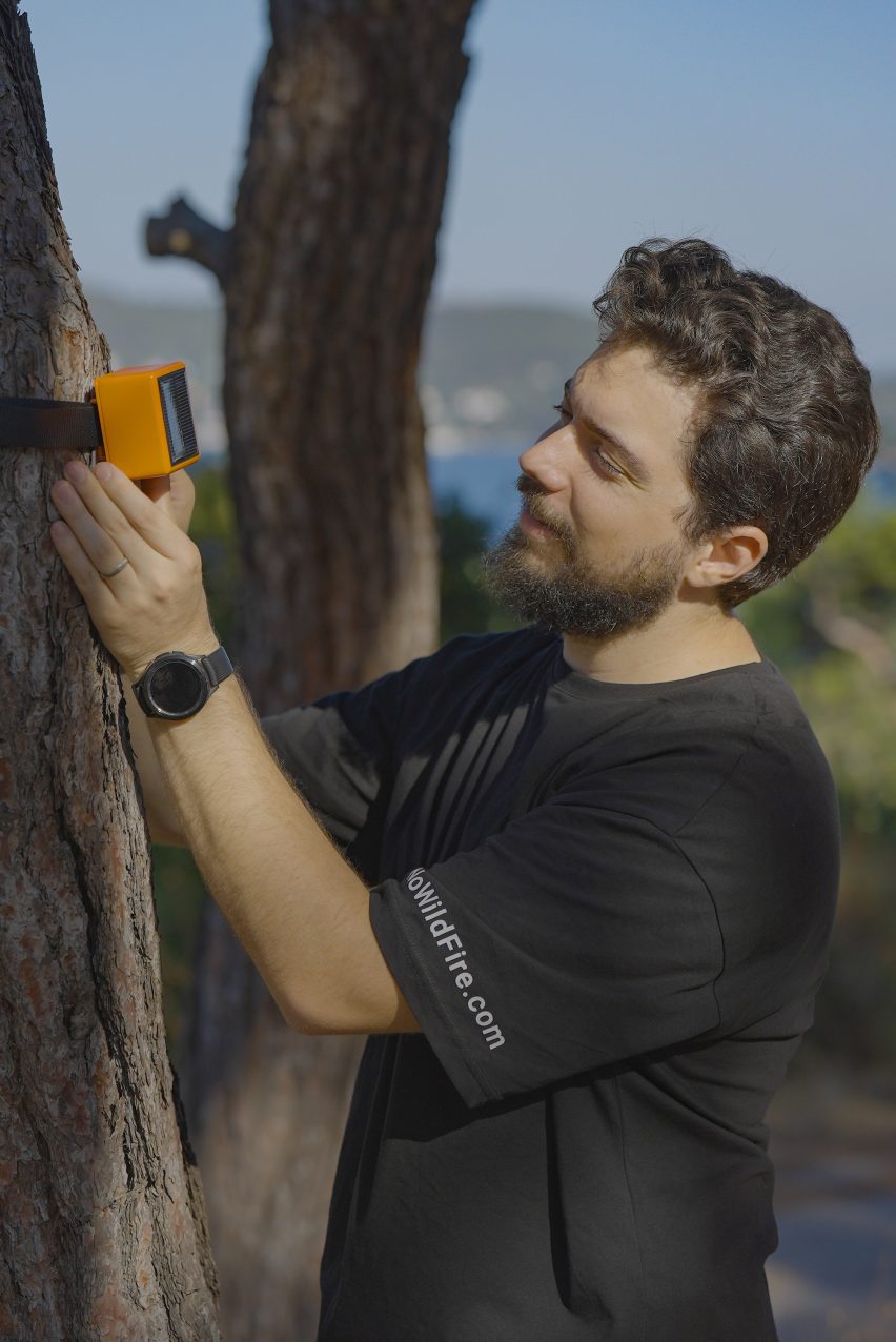 Фотография технического директора ForestGuard Суата Батухана Эсиргера, держащего сенсорное устройство, привязанное к стволу дерева.