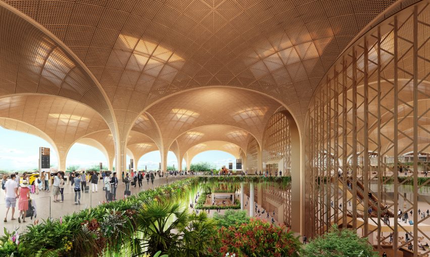 Озеленение и сетчатая крыша в международном аэропорту Течо в Камбодже от Foster + Partners