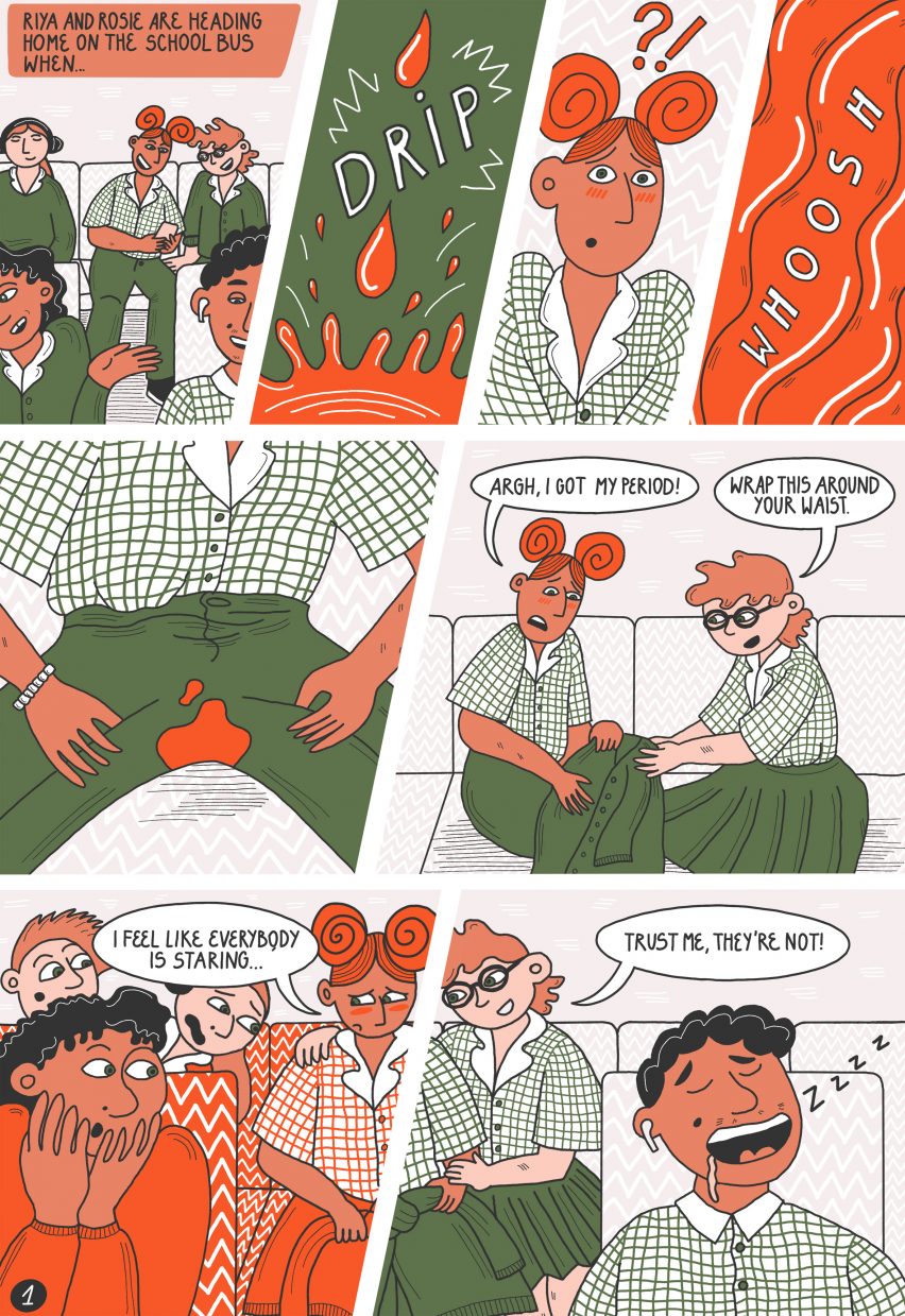 Комикс Джастины Грин из набора Модибоди для первых месячных, в котором изображена девочка-подросток, у которой начались первые месячные.