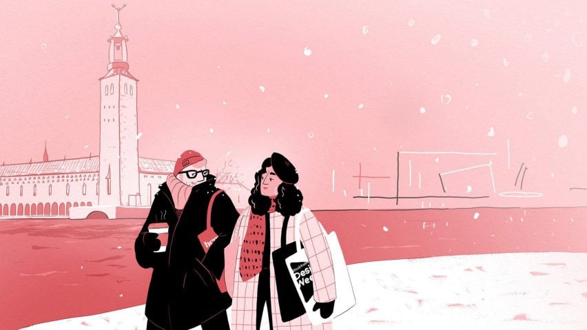 Иллюстрация двух человек, идущих по снегу