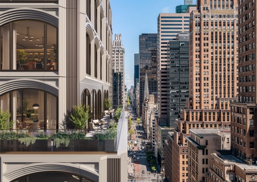 Рендеринг здания с арочными окнами на проспекте Нью-Йорка.