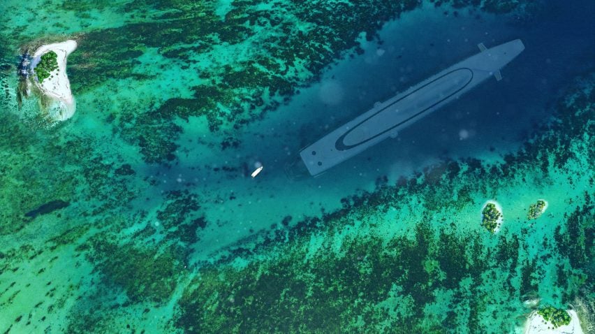 Роскошная подводная лодка Migaloo, вид сверху, ныряющая на мелководье
