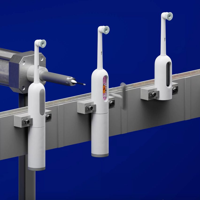 3D-графика, показывающая разбираемую конвейерную ленту электрических зубных щеток в концепции Un-Made Сеймура Пауэлла.