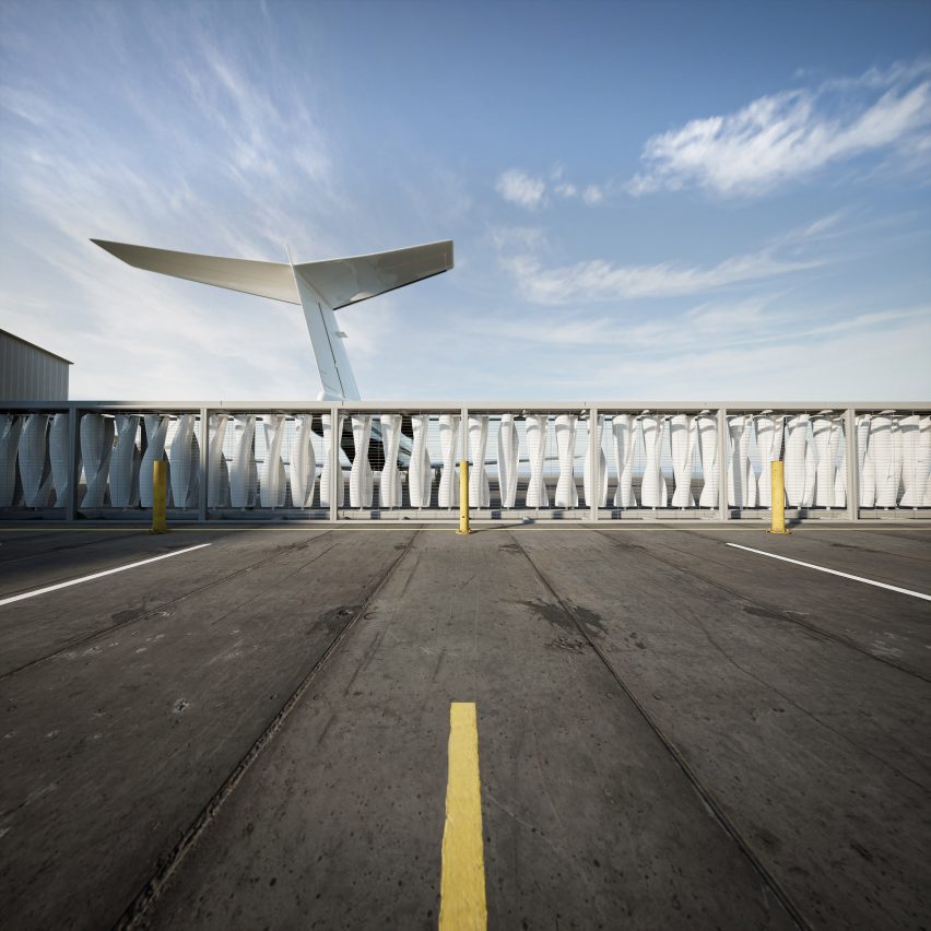 Визуализация ветряной турбины Airiva на взлетно-посадочной полосе аэропорта, за которой виден хвост самолета.