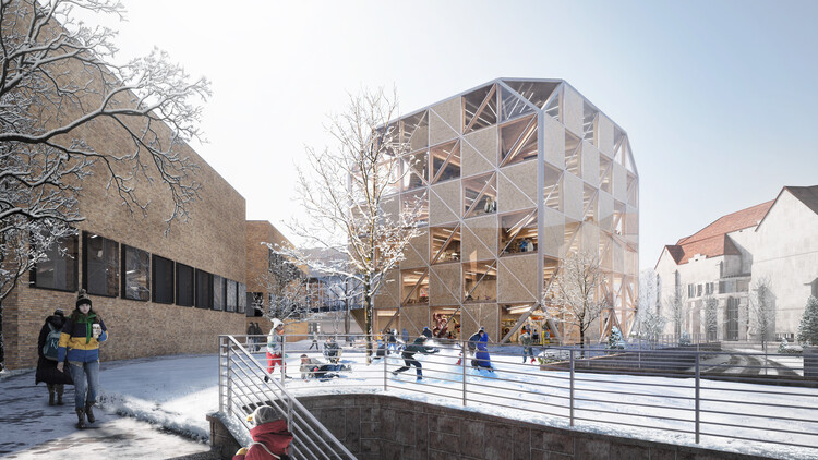 BIG и Канзасская школа архитектуры и дизайна представляют массивную древесину "Кубе создателей" Университетский кампус – изображение 1 из 6