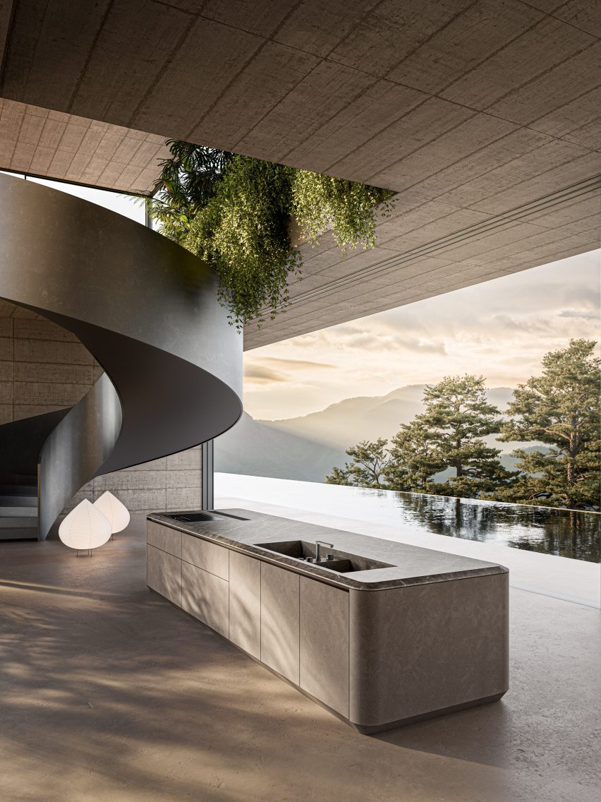 Серый кухонный остров, созданный Zaha Hadid Design.