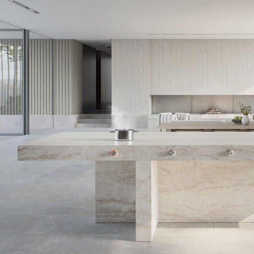 Современный бело-мраморный интерьер гостиной и кухни открытой планировки