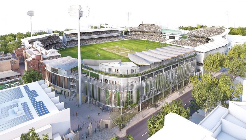 Визуализированный вид реконструкции площадки для игры в крикет от WilkinsonEyre.
